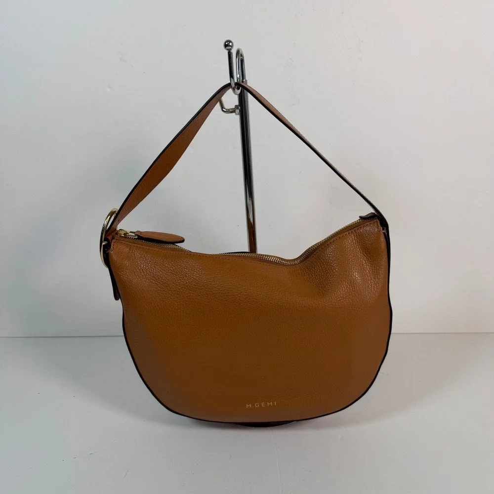 M.Gemi Italian Pebbled Leather Hobo Shoulder Bag Cognac Brown Minimalist Luxury - Picture 3 of 11